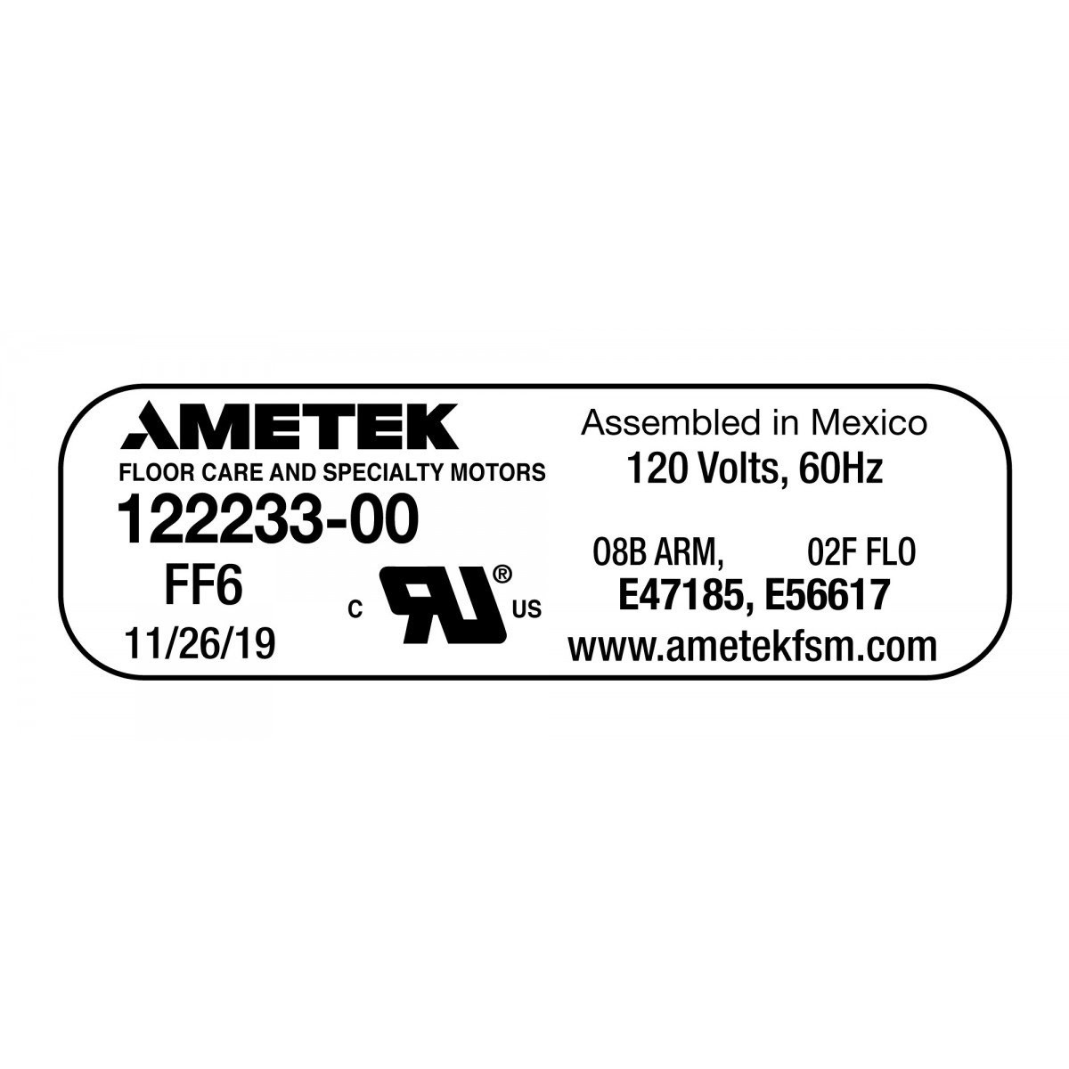 **USE 122483 *Tangential Vacuum Motor - 6.6" dia - 2 Fans - 120 V - 700 Airwatts - Lamb / Ametek 122233-00(P)